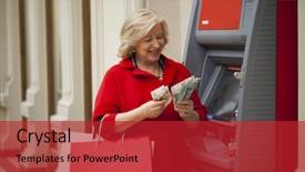  Presentation with atm - Amazing presentation design having cash machine - mature blonde woman with shopping backdrop and a  colored foreground