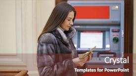  Presentation with atm - PPT layouts having cash machine - woman hand showing dollar banknotes background and a tawny brown colored foreground