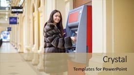  Presentation with credit card - Presentation theme with cash machine - young happy brunette woman withdrawing background and a  colored foreground