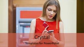  Presentation with atm - Slides consisting of cash machine - young happy woman red dress background and a red colored foreground