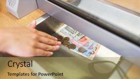  Presentation with hand saving - Colorful slide set enhanced with cash money at bank backdrop and a coral colored foreground