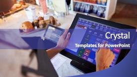  Presentation with employee - PPT layouts with cash register - close up of female employee background and a ocean colored foreground