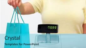  Presentation with sales forecast - Presentation design having cash register - female sales assistant giving you background and a cyan colored foreground