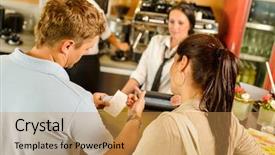  Presentation with cafe - Cool new presentation theme with cash register - man checking receipt at cafe backdrop and a yellow colored foreground