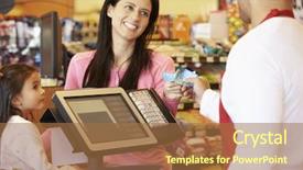  Presentation with family shopping - PPT theme consisting of cash register - mother paying for family shopping background and a coral colored foreground