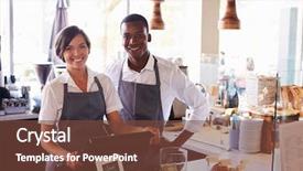  Presentation with staff - Colorful slide deck enhanced with cash register - portrait of staff working backdrop and a tawny brown colored foreground
