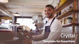  Presentation with coffee shop - Theme with cash register - smiling handsome young waiter using background and a violet colored foreground