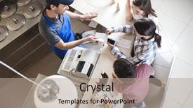  Presentation with waiter - Amazing slide deck having cash register - waiter giving receipt to female backdrop and a coral colored foreground