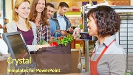  Presentation with waiting line - Presentation having cash register - woman with groceries waiting background and a tawny brown colored foreground