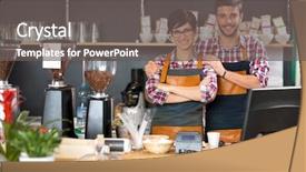  Presentation with coffee shop - Amazing slide set having cash register - young business owner working coffee backdrop and a gray colored foreground