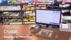  Presentation with supermarket - Presentation theme consisting of cash register on wooden table background and a coral colored foreground