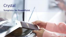  Presentation with counters - Audience pleasing slide set consisting of cash transit - airport check-in counters with passengers backdrop and a light blue colored foreground