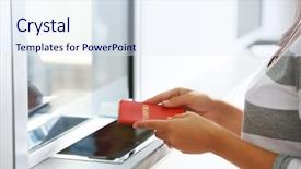  Presentation with counters - PPT layouts consisting of cash transit - airport check-in counters with passengers background and a sky blue colored foreground