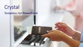  Presentation with counters - Cool new slide deck with cash transit - airport check-in counters with passengers backdrop and a sky blue colored foreground