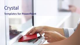  Presentation with counters - Slides enhanced with cash transit - airport check-in counters with passengers background and a sky blue colored foreground