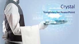  Presentation with cloud technology - Beautiful presentation theme featuring cashflow - elegant young waiter serving cloud backdrop and a  colored foreground