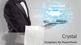  Presentation with cloud technology - Slide deck consisting of cashflow - elegant young waiter serving cloud background and a  colored foreground