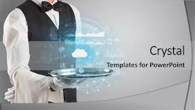  Presentation with cloud technology - Slide deck with cashflow - elegant young waiter serving cloud background and a  colored foreground
