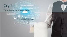  Presentation with healthcare technology cloud - Slides enhanced with cashflow - elegant young waiter serving cloud background and a  colored foreground