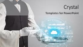  Presentation with healthcare technology cloud - Presentation design consisting of cashflow - elegant young waiter serving cloud background and a  colored foreground