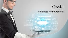  Presentation with cloud technology - Presentation design consisting of cashflow - elegant young waiter serving cloud background and a  colored foreground