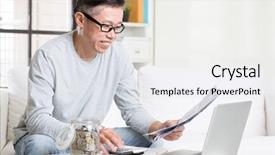  Presentation with retirement planning - Presentation theme enhanced with cashflow - portrait of 50s mature asian background and a white colored foreground