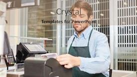  Presentation with retail - PPT layouts enhanced with cashier-or-market-leader-checking background and a coral colored foreground