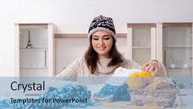  Presentation with knitting - Amazing slide set having cashmere - young beautiful woman knitting backdrop and a light blue colored foreground