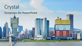  Presentation with macau casino - PPT layouts enhanced with casino building - macau skyline background and a sky blue colored foreground