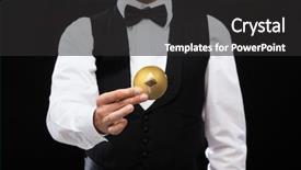  Presentation with fintech financial technology algo - Presentation theme consisting of casino dealer holding ethereum coin background and a dark gray colored foreground