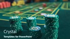  Presentation with poker chips - Presentation design enhanced with casino gambling and entertainment concept - stack of poker chips on a green table background and a ocean colored foreground