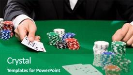  Presentation with gambling - Amazing slide set having casino gambling poker people and entertainment concept - close up of poker player with playing cards and chips at green casino table backdrop and a ocean colored foreground
