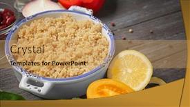  Presentation with quinoa - Colorful PPT theme enhanced with casserole dish with cooked quinoa on kitchen table backdrop and a yellow colored foreground