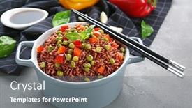  Presentation with brown rice - Beautiful presentation theme featuring casserole-with-brown-rice backdrop and a gray colored foreground