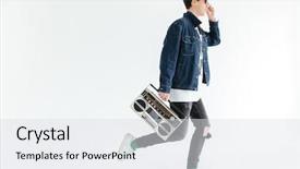  Presentation with eye glasses looking at world - Slide deck consisting of cassette - image of attractive young man background and a light gray colored foreground