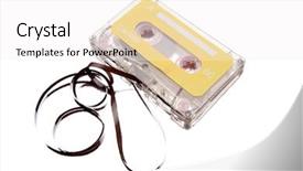  Presentation with cassette - Colorful slides enhanced with cassette tape over white background backdrop and a white colored foreground