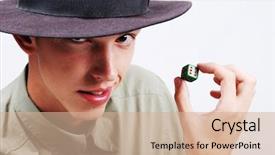  Presentation with cube - Slides featuring cast die - young male holding gamble cube background and a  colored foreground