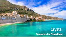  Presentation with beautiful golf courses - PPT theme enhanced with castellammare del golfo - beautiful coastal background and a teal colored foreground