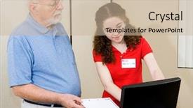  Presentation with volunteer - Presentation design with political involvement - teen volunteer helping senior voter background and a soft green colored foreground