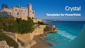  Presentation with beach - Beautiful presentation design featuring castle in tarragona of catalonia backdrop and a teal colored foreground