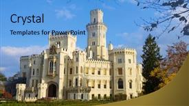  Presentation with now - Slide set with castle neogothic hluboka nad vltavou built in the thirteenth century and has undergone several renovations until now look like czech republic background and a light blue colored foreground