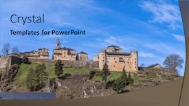  Presentation with village - Presentation design enhanced with castle-of-puebla-de-sanabria background and a light blue colored foreground