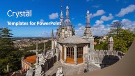  Presentation with castle - Audience pleasing slide deck consisting of castle-quinta-da-regaleira-sintra backdrop and a teal colored foreground