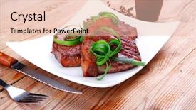  Presentation with beef meat soup stew - Slide deck having green concept geometric design eco leaf background and a lemonade colored foreground