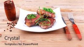  Presentation with beef meat soup stew - Presentation design enhanced with castor oil - grilled meat beef steaks strips background and a  colored foreground