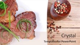  Presentation with beef meat soup stew - Beautiful presentation theme featuring castor oil - grilled meat beef steaks strips backdrop and a  colored foreground