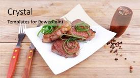  Presentation with beef meat soup stew - Theme with castor oil - grilled meat beef steaks strips background and a  colored foreground