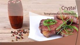  Presentation with beef meat soup stew - Slide deck consisting of castor oil - grilled meat beef steaks strips background and a  colored foreground