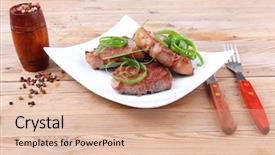  Presentation with meat beef - Presentation having castor oil - grilled meat beef steaks strips background and a  colored foreground
