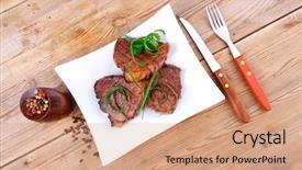  Presentation with beef steak bbq strip steak - PPT theme with castor oil - roasted beef meat strips steak background and a coral colored foreground